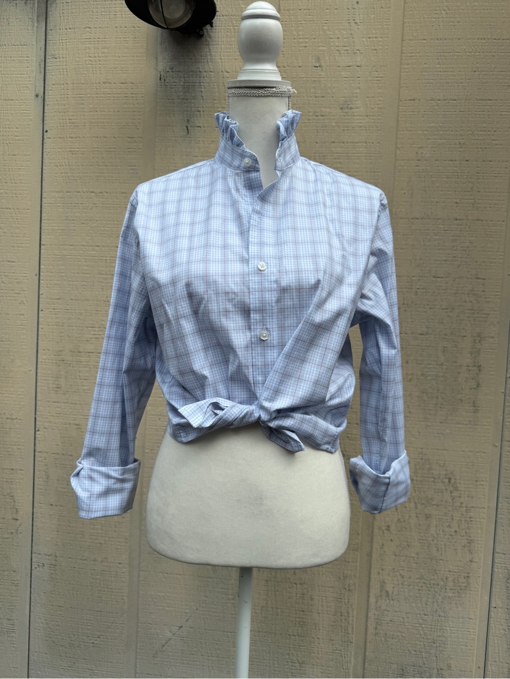 J. Crew Blue Plaid Cropped Refashioned Ruffle Collar Button Down Shirt